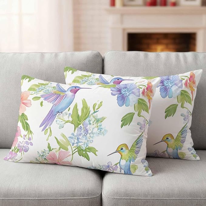 Spring Hummingbird Outdoor Waterproof Throw Pillow Covers Set of 2, 20"x12", Colorful Birds Floral Decorative Pillow Covers Outside Cushion Case for Patio Porch Garden