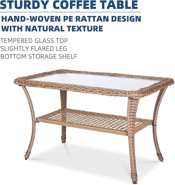 4-Piece Wicker Patio Furniture Sets Outdoor All-Weather Rattan Conversation Set Includes Glider Loveseat, Glass-Top Coffee Table, 2 Rocking Chairs with Thickened Cushions, Light Brown