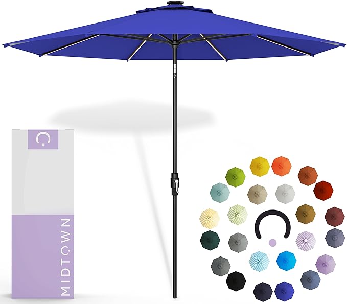 Midtown Umbrellas The LED Swilt 10 Feet Patio Umbrella With Terylast Midnight (Royal Blue) Polyester Fabric - Auto-Tilt Aluminum Frame With LED Lights For Backyard, Deck, Garden, Pool - Black Pole