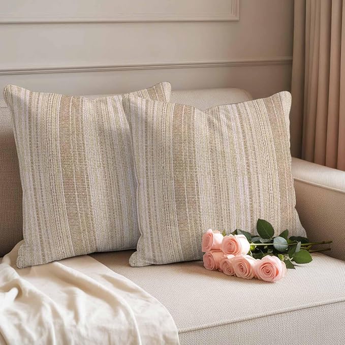 Abstract Beige Outdoor Pillow Covers Set of 2 Rustic Farmhouse Minimalist Beige Vertical Striped Lines Waterproof Throw Pillow Cover Decorative Cushion Cases for Patio Porch Garden 26X26 Inch