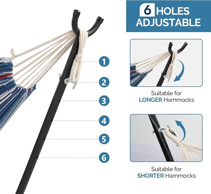Double Hammock with Steel Stand, 550lbs Heavy Duty 2 Person Hammock for Outdoor Patio Garden, Portable Hammock Bed with Carrying Bag, 6-Level Adjustable Height, Blue & White