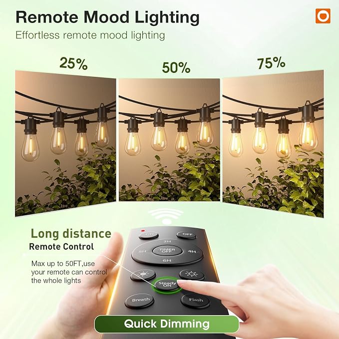 addlon 100FT Outdoor String Lights LED with Remote Dimmable Waterproof | Timer & 3 Lighting Modes, Shatterproof Edison Bulbs, Connectable Hanging Strand for Patio Outside Backyard Porch Party Décor