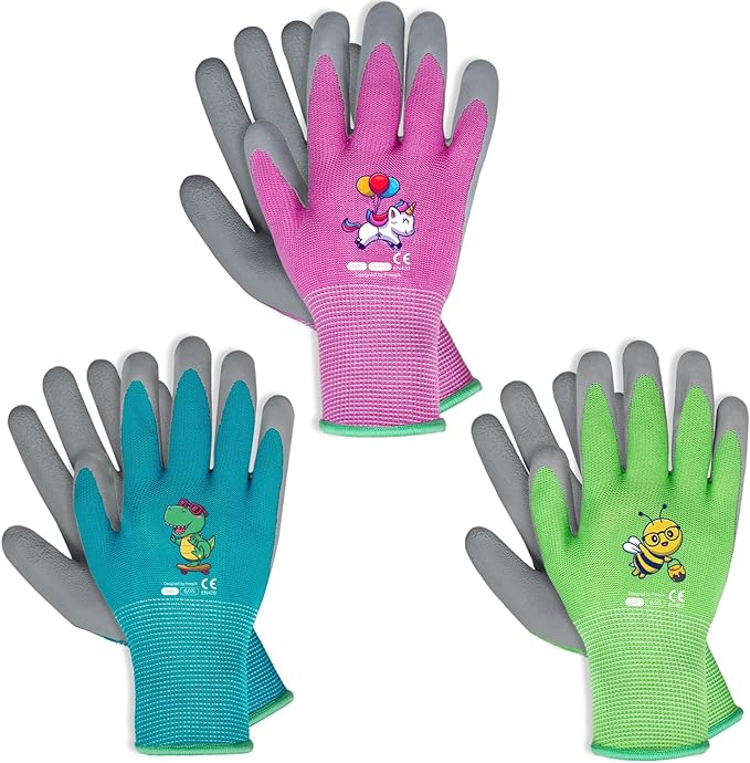 KDK Ages 3-5 Kids Gardening Gloves,Yard Work Gloves for Toddlers, Youth, Girls, Boys, Childrens, Soft Safety Rubber Gloves (XXXS Age 3-5, 3 Pairs Green, Blue&Pink)