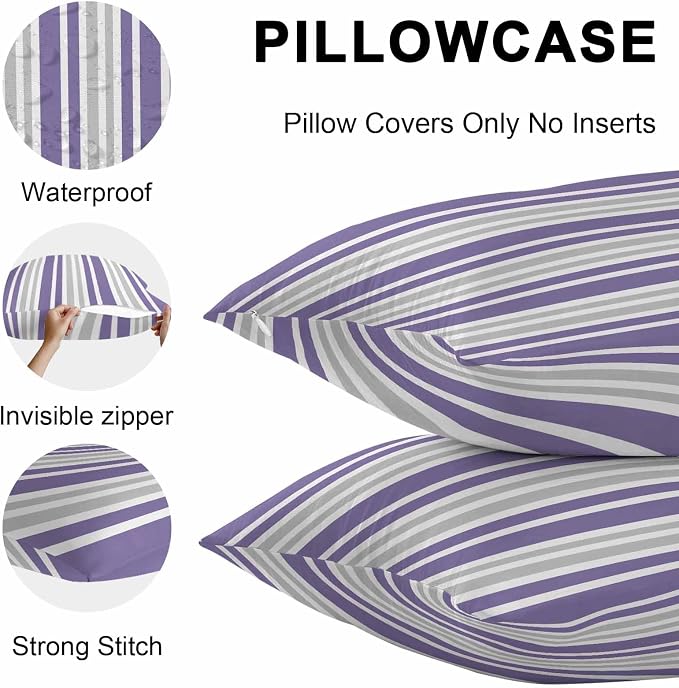 Purple Grey Stripe Outdoor Pillow Covers 16x16 Inch Throw Pillow Covers Set of 2 Waterproof Decorative Pillow Cases Farmhouse Minimalist Striped Cushion Covers for Patio Furniture Garden Couch Sofa