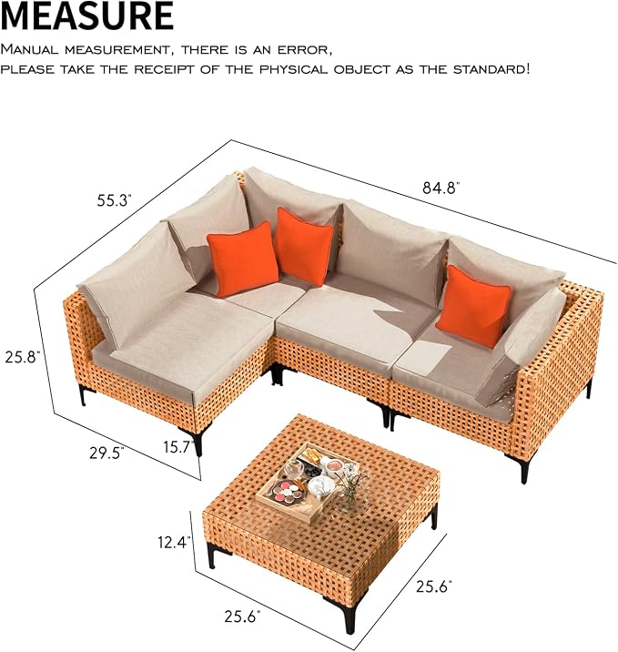 5 Piece Patio Furniture Set Modular Outdoor Furniture Set Wicker Sectional Patio Sofa with Table Cushions Patio Set for Balcony Porch Deck Yard (Salmon&Orange Wicker, Sand Cushion)