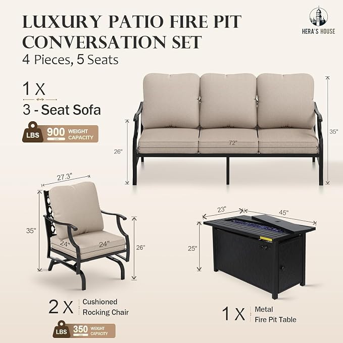 HERA'S HOUSE 4 Pieces Patio Furniture Set with Fire Pit Table, 2 x Rocking Chair, 3-Seat Sofa with 45" Fire Pit Table, Outdoor Conversation Set for Garden Lawn Poolside Backyard