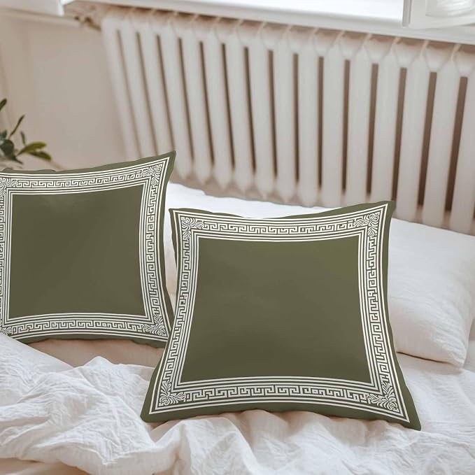 Olive Green Greek Key Waterproof Outdoor Pillow Covers Set of 2 Home Decor, Geometric Greece Ancient Farmhouse Geo Pillowcase Patio Pillow Covers for Couch Bench Furniture Garden 20x20in