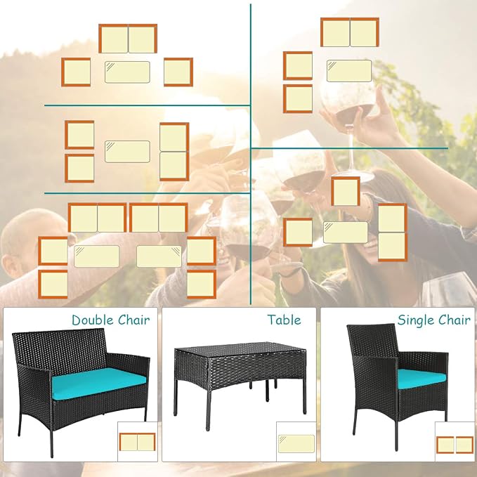 DORTALA Wicker Patio Furniture Set 8 Piece, Rattan Outdoor Table and Chairs Set with Loveseat, Cushions, All Weather Balcony Conversation Sofa Set for Porch, Backyard, Deck, Turquoise