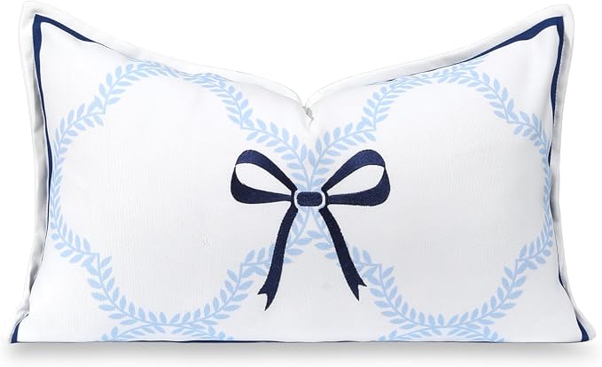 Hofdeco Premium Coastal Hampton Patio Indoor Outdoor Lumbar Pillow Cover Only, 12"x20" Water Repellent for Backyard, Couch, Poolside, Baby Blue Navy Embroidered Ribbon Bow Tie on Leaves