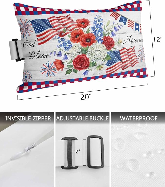 250th Anniversary Outdoor Pillows for Chaise Lounge Chair Waterproof Lumbar Pillows with Insert&Adjustable Elastic Strap Beach Headrest Pillow Independence Day Floral Wooden Neck Pillow 12"x20"