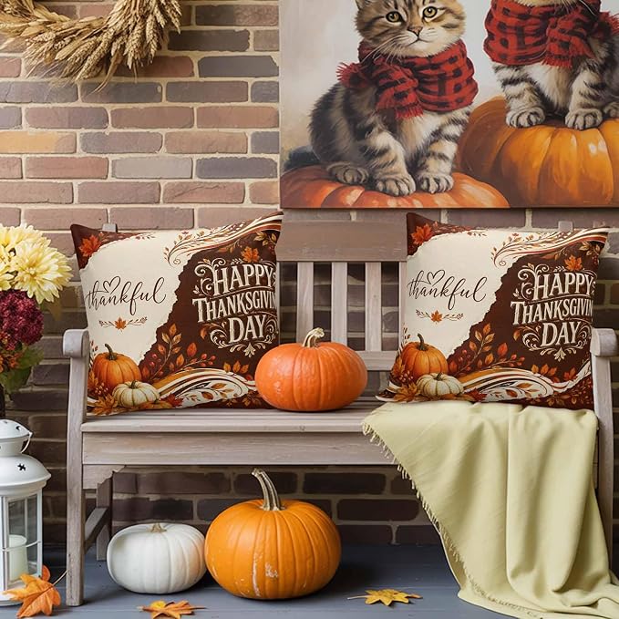 Thanksgiving Throw Pillow Covers 20x20 Inch Set of 2, Fall Pumpkins Waterproof Outdoor Pillow Covers, Maple Leaves Vintage Autumn Decorative Cushion Pillowcases for Couch, Sofa, Bed, Garden, Patio