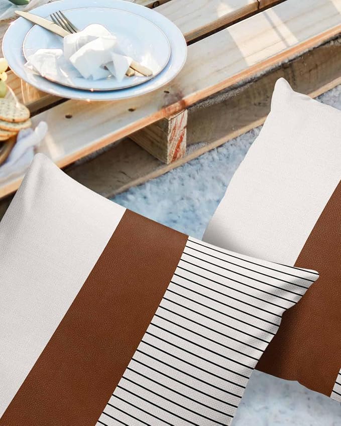 Outdoor Waterproof Throw Pillow Covers 24x24in, Farmhouse Mid Century Cushions for Garden Patio Furniture Chairs Set of 2, Boho Stripes Texture Home Decor Couch Sofa Polyester Pillow Cases