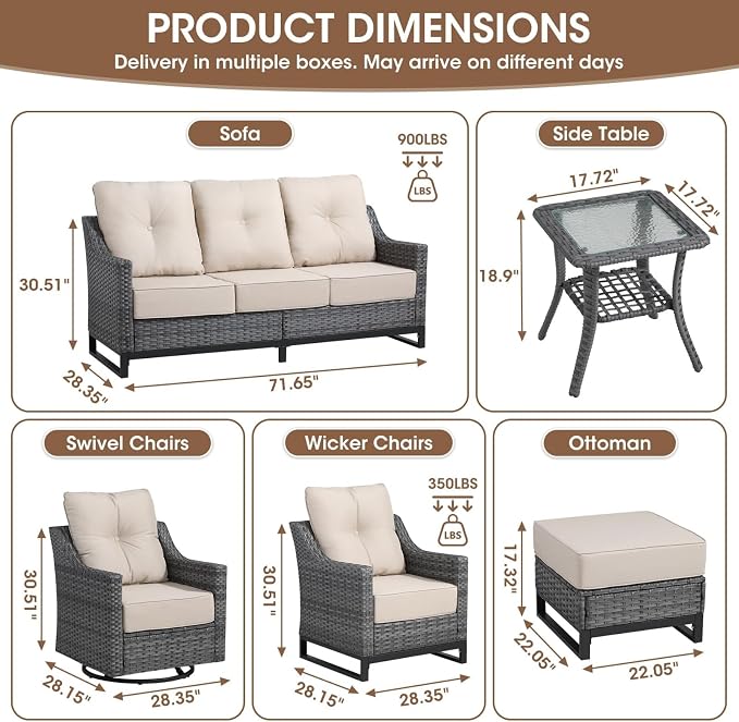 6-Piece Outdoor Patio Furniture Set, Grey Wicker Conversation Set with 2 Sofas, 2 Swivel Chairs, Side Table and Rectangular 60,000 BTU Fire Pit Table, Beige Cushions