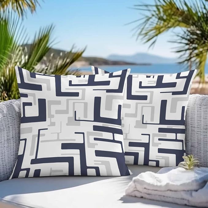 Vandarllin Outdoor Throw Pillows Covers 24x24 inch Set of 2 Waterproof Navy Blue Geometric Stripes Decorative Zippered Cushion Covers for Patio Furniture, Modern Abstract Lines Lumbar Pillowcases