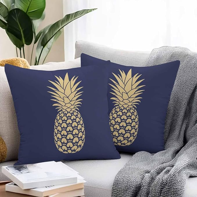 Yellow Pineapple Outdoor Waterproof Pillow Covers, Summer Fruits Navy Blue Decorative Square Throw Pillowcase Sofa Cushion Sham for Patio/Couch/Chair, 16"x16" 2 Pack