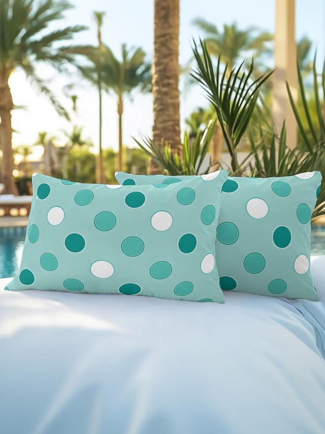 Waterproof Outdoor Pillow Set of 2 Teal Polka Dots Decorative Throw Pillows Cover & Insert 20x12 Inch Lumbar Pillowcase Funny Circles Spots Pillows for Couch Sofa Bed Patio Furniture Indoor Outdoor