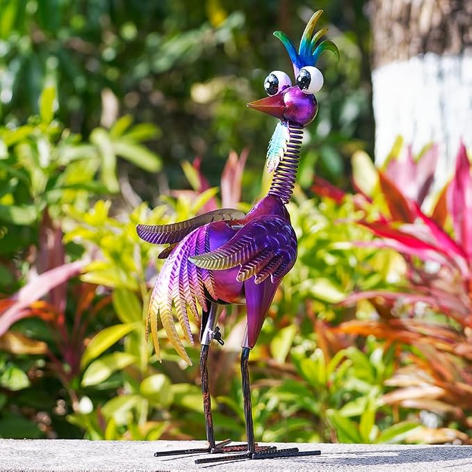 Metal Wacky Rooster Garden Statue for, Patio, Backyard, Lawn | 19'' Rooster Decor, Yard Statue Decorations Outdoor, Chicken Yard Art, Purple
