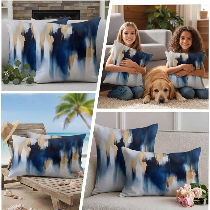 Abstract Watercolor Outdoor Pillow Covers Set of 2 Gold Blue Gradient Graffiti Art Waterproof Throw Pillow Cover Decorative Cushion Cases for Patio Porch Garden 16X16 Inch