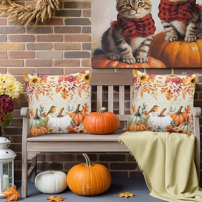 Orange White Pumpkins Fall Throw Pillow Covers 24x24 Inch Set of 2, Thanksgiving Waterproof Outdoor Pillow Covers, Sunflower Retro Decorative Cushion Pillowcases for Couch, Sofa, Bed, Garden, Patio