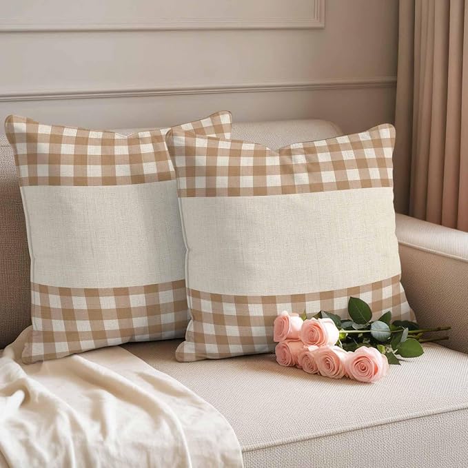 Retro Brown Outdoor Waterproof Pillow Covers, Farmhouse Buffalo Plaid Vintage Beige Decorative Square Throw Pillowcase Sofa Cushion Sham for Patio/Couch/Chair, 18"x18" 2 Pack