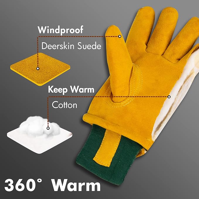 Kids Waterproof Winter Work Gloves, Insulated Warm Windproof(Age 12-14, XL) | Soft Deerskin Suede Leather, Elastic Cuff, Adjustable Band, 4 Size Choosable Kids Cold Weather Gloves for Children Toddler