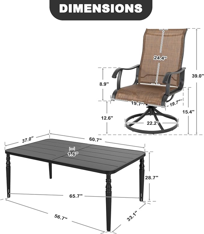 NUU GARDEN 7 Pieces Outdoor Metal Dining Set, Patio Metal Dining Set of 6 Textilene Swivel Chairs and 1 Rectangular Table with Umbrella Hole, Slatted Tabletop and Powder-Coated Frame, Black and Brown