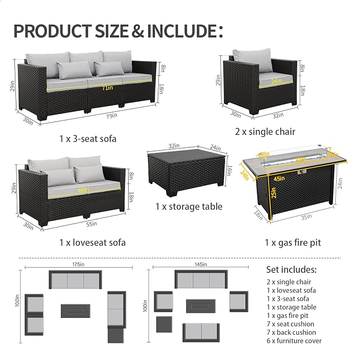 Rattaner 6 Pcs Outdoor Furniture Sets Patio Furniture Set with 45" Fire Pit Patio Couch Outdoor Chairs 60000 BTU Steel Propane Fire Pit Table No-Slip Cushions and Waterproof Covers, Light Grey