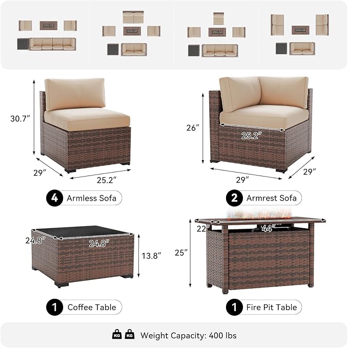 LazySunsets 8-Piece Patio Furniture Set with 44" Fire Pit Table, Wicker Outdoor Furniture, Patio Conversation Sets with Coffee Table, Outdoor Sectional Couch, Beige