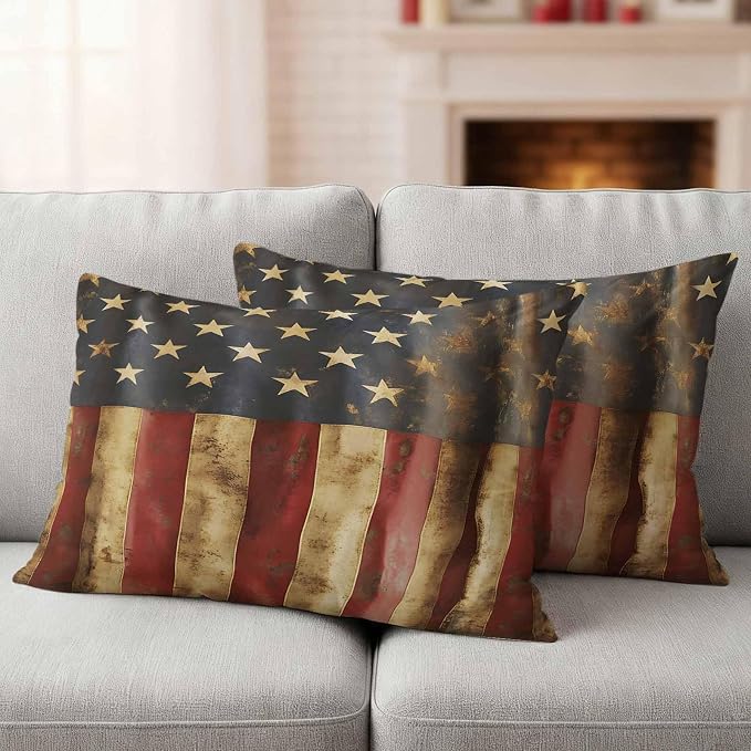 Vintage American Flag Outdoor Pillow Covers Set of 2 USA Patriot Waterproof Throw Pillow Cover Decorative Cushion Cases for Patio Porch Garden 20X12 Inch