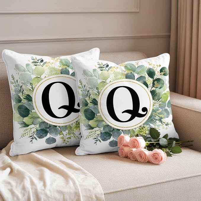Letter Q Waterproof Outdoor Pillow Covers Set of 2 Home Decor, Alphabet Green Eucalyptus Leaves Pillowcase Patio Pillow Covers for Couch Bench Patio Furniture Garden 24x24in