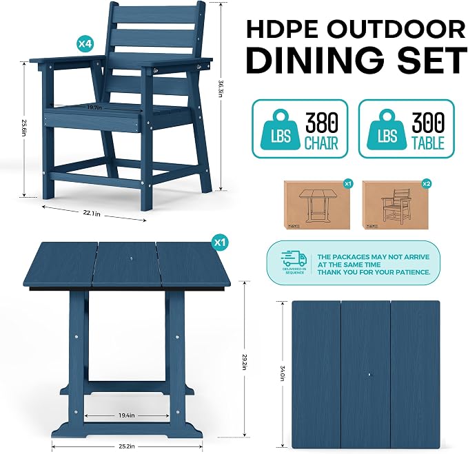 5 Piece Patio Dining Set, HDPE All-Weather Furniture with 4 Chairs & 1 Square Table, for Backyard, Garden, Navy Blue