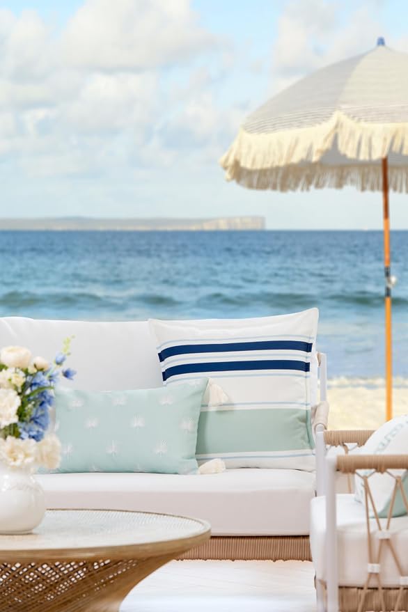Hofdeco Premium Coastal Patio Indoor Outdoor Throw Pillow Cover Only, 20"x20" Water Repellent for Backyard, Couch, Navy Blue Aqua Stripes