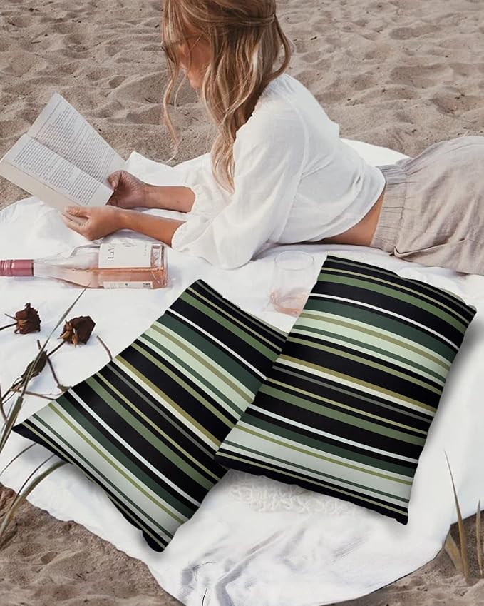 Outdoor Waterproof Pillow Covers for Patio Simple Stripe Decorative Throw Pillow Cover Black And Green Geometric Pattern Pillowcases Set of 2 Cushion Case for Sofa Couch Chair Home Decor 20x12 inch