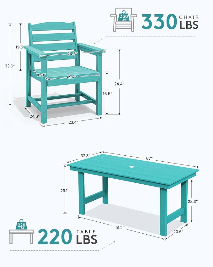 SERWALL 67" Rectangle Outdoor Dining Table for 6, Aruba | Patio Dining Table with an umbrella hole, HDPE Outdoor Dining Table which can holds up to 220LBS