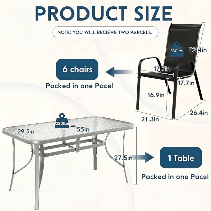 Arlopu 7-Piece Outdoor Table and Chairs for 6, Outdoor Dining Set W/Rectangle Glass Table and Patio Textilene Stackable Chairs, Patio Furniture Set W/Umbrella Hole (Grey Table & Black Chair)