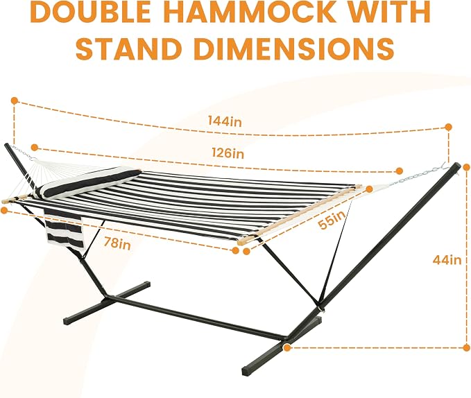 Lazy Daze Hammocks 2 Person Portable Hammock with 12FT Stand for Outside, 10.5FT Quilted Double Hammock with Spreader Bar and Detachable Pillow, 450lbs Capacity for Outdoor Patio, Black White Stripes