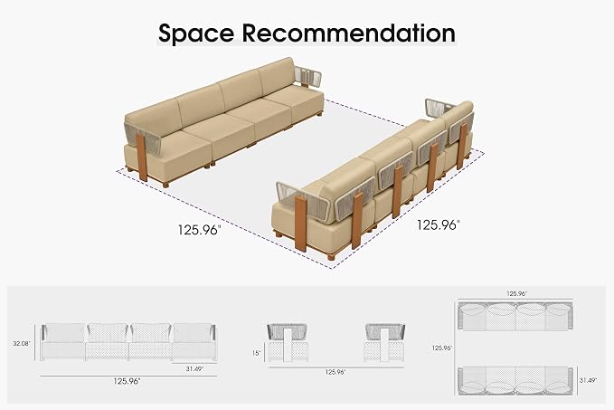 PURPLE LEAF Patio Furniture Set Modular Open-End Outdoor Sectional Sofa with 11" Thick Olefin Cushion 8-Piece Outdoor Conversation Set with Coffee Lights for Patio Backyard Garden Poolside, Beige