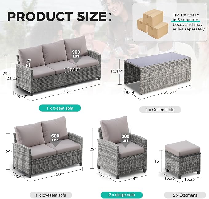 7 Pcs Patio Set, Outdoor Wicker Sofa/Ottomans & Table Gray/Gray | Weather Resistant PE rattan | All-Weather Durability | Removable Easy Clean | 350 lbs | Ideal for Backyard, Poolside, Balcony