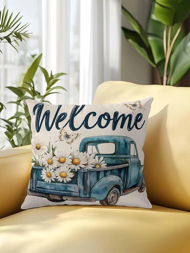 Outdoor Waterproof Throw Pillows Farm Blue Truck Daisy Flower Butterfly Patio Pillows,Decorative Pillow Covers with Insert,Pillow Cushion Case for Garden Couch Sofa Welcome Text on Burlap