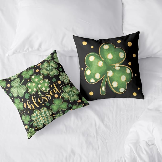 St Patricks Day Pillow Covers Lucky Blessed Pillow Cases Stripes Polka Dots Shamrock Throw Pillow Covers18x18 Set of 2 Green Black March Holiday Cushion Case for Sofa Couch Home Decor