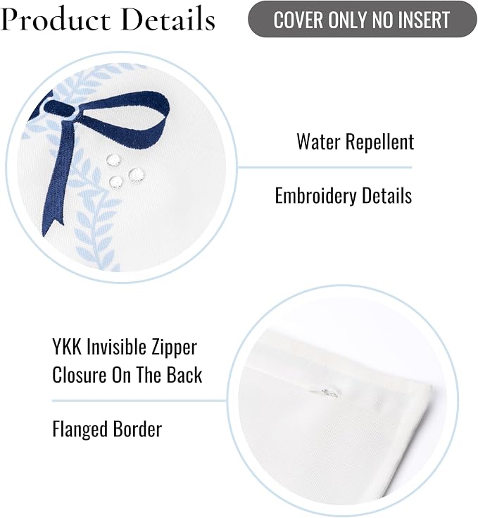 Hofdeco Premium Coastal Hampton Patio Indoor Outdoor Lumbar Pillow Cover Only, 12"x20" Water Repellent for Backyard, Couch, Poolside, Baby Blue Navy Embroidered Ribbon Bow Tie on Leaves