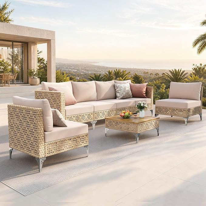 PHI VILLA 6-Seat Wicker Patio Furniture Set, Boho Outdoor Conversation Sofa Set with Acacia Coffee Table and Beige Cushions