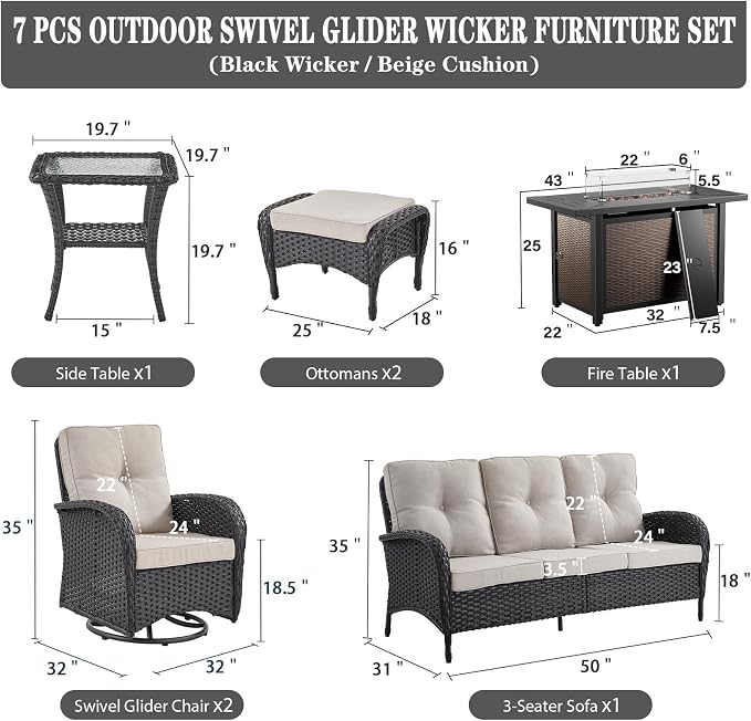 Belord 8 Piece Patio Furniture Set with 43" Fire Pit Table - Wicker Patio Conversation Set with Swivel Rocker Chairs and Sofa for Deck Outside Backyard Black