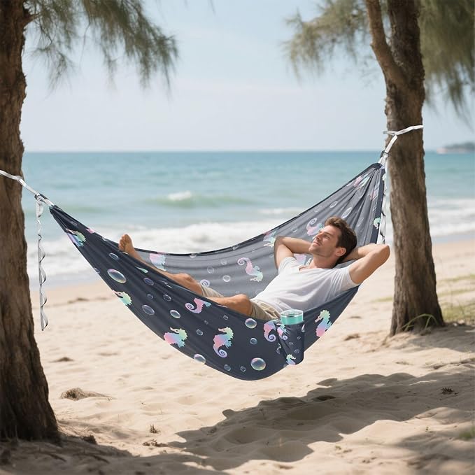 Camping Hammock Outdoor Hammocks for Outside Laser Seahorse Beach Trees Portable Lightweight with Pockets Tree Straps Indoor
