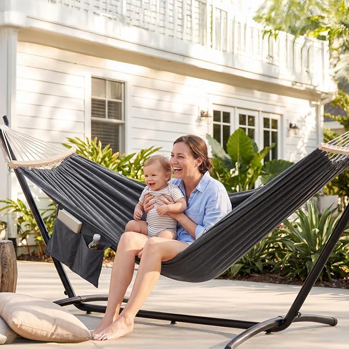 GAFETE Double Hammock with Stand for Outside, Upgraded Spreader Bar, Heavy Duty Space Saving Steel Stand 2 Person, Side Pocket, Easy Assembly, 600lbs Weight Capacity, Indoor & Outdoor (Dark Grey)