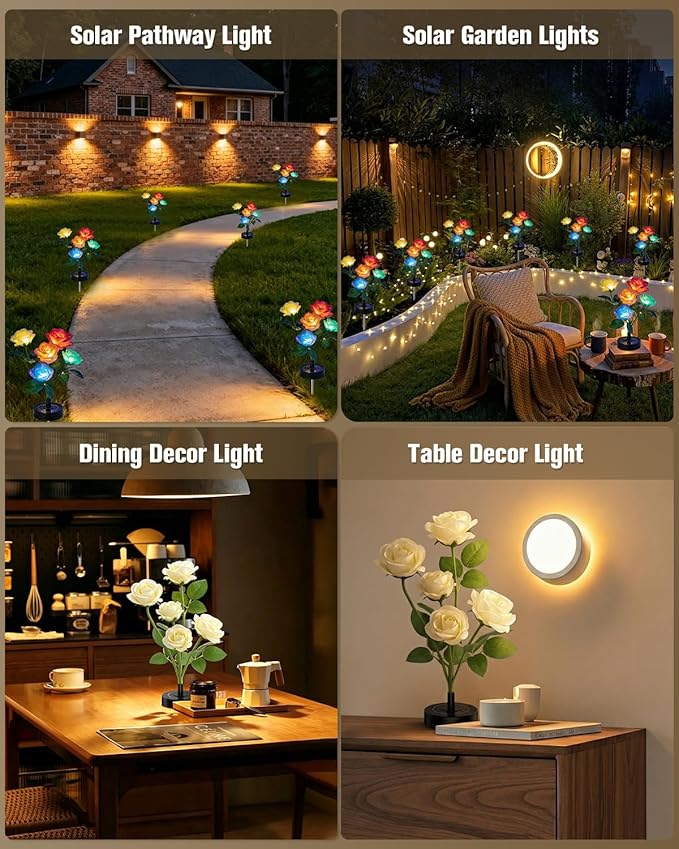 2026 Upgraded Solar Lights Outdoor, 6 Pack Solar Garden Lights with Placeable Base, 7 Color Changing Flower Lights Waterproof, Larger Panel for Yard Patio Garden Home Decor, Gift for Mom