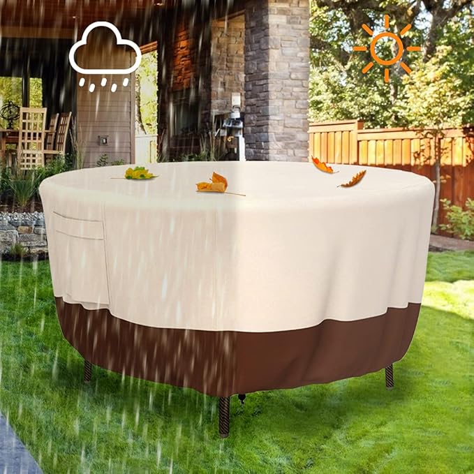 Patio Furniture Covers, Heavy Duty Round Patio Table Cover (84D x 28H Inch) Outdoor Dining & Coffee Table Cover for Veranda, Lawn, Table, Chair-Waterproof & Weather Resistant, Anti UV - Beige & Brown