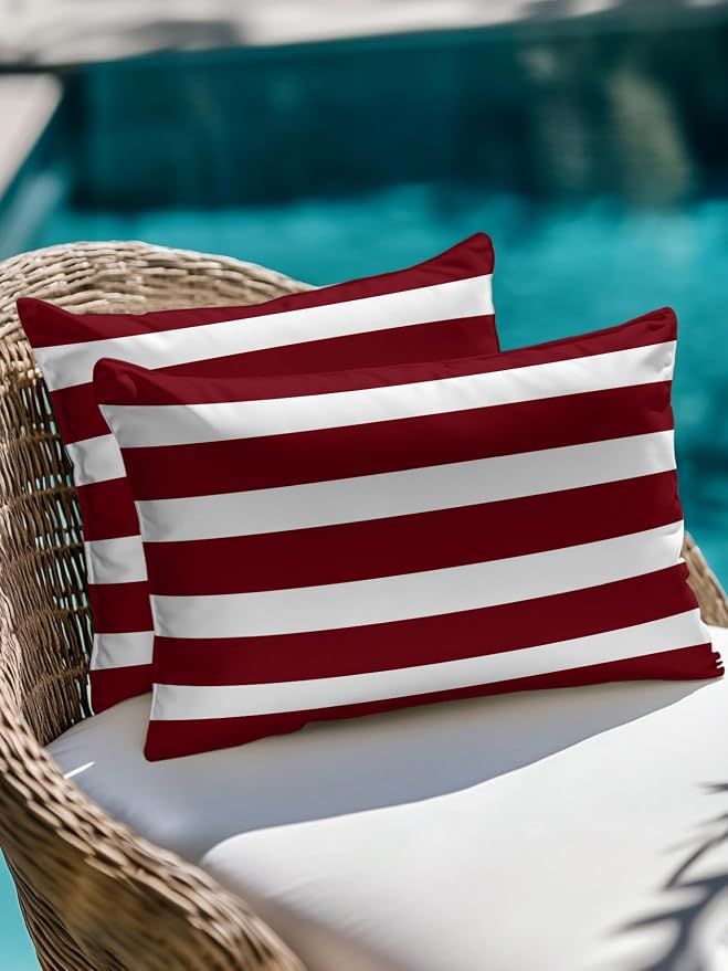 Waterproof Outdoor Pillow Set of 2 Burgundy Red Stripes Decorative Throw Pillows Cover & Insert 20x12 Inch Lumbar Pillowcase Classic Striped Lines Pillows for Couch Sofa Bed Patio Furniture