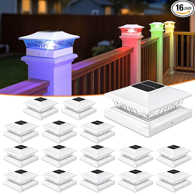APONUO Solar Post Cap Lights with 8 RGB Solid Colors & Multicolor Flow - 16 Pack Fence Post Solar Lights, IP65 Waterproof - Fits 4x4 5x5 6x6 Wood & Vinyl Posts - White