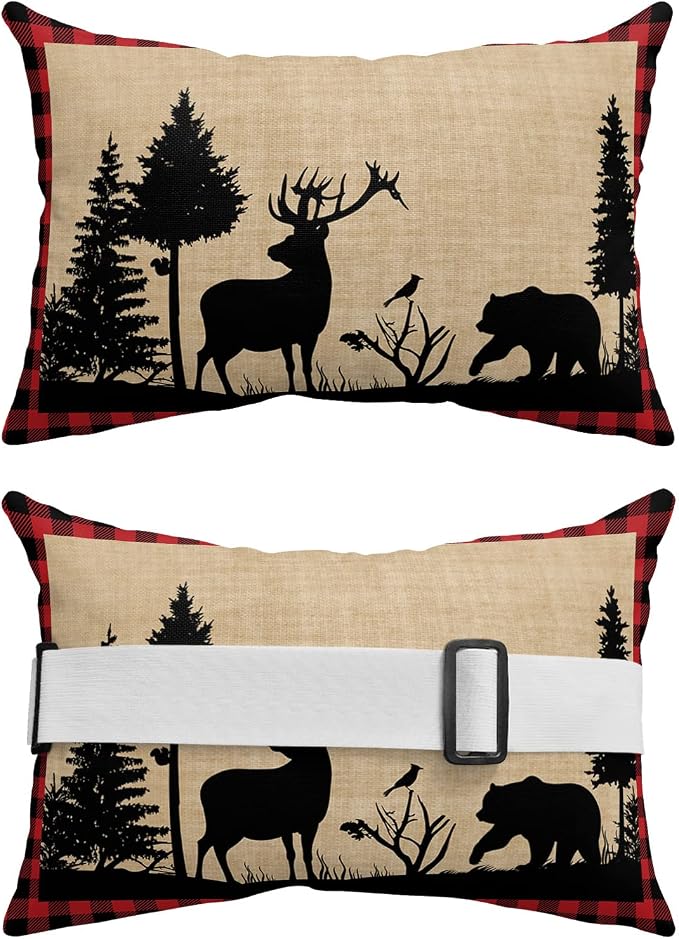 Outdoor Pillows Covers with Inserts Christmas Animal Moose Xmas Tree Waterproof Recliner Pillow with Adjustable Strap Throw Pillows for Patio Furniture Pool Lounge Chair, 11x16 inch, 1PCS